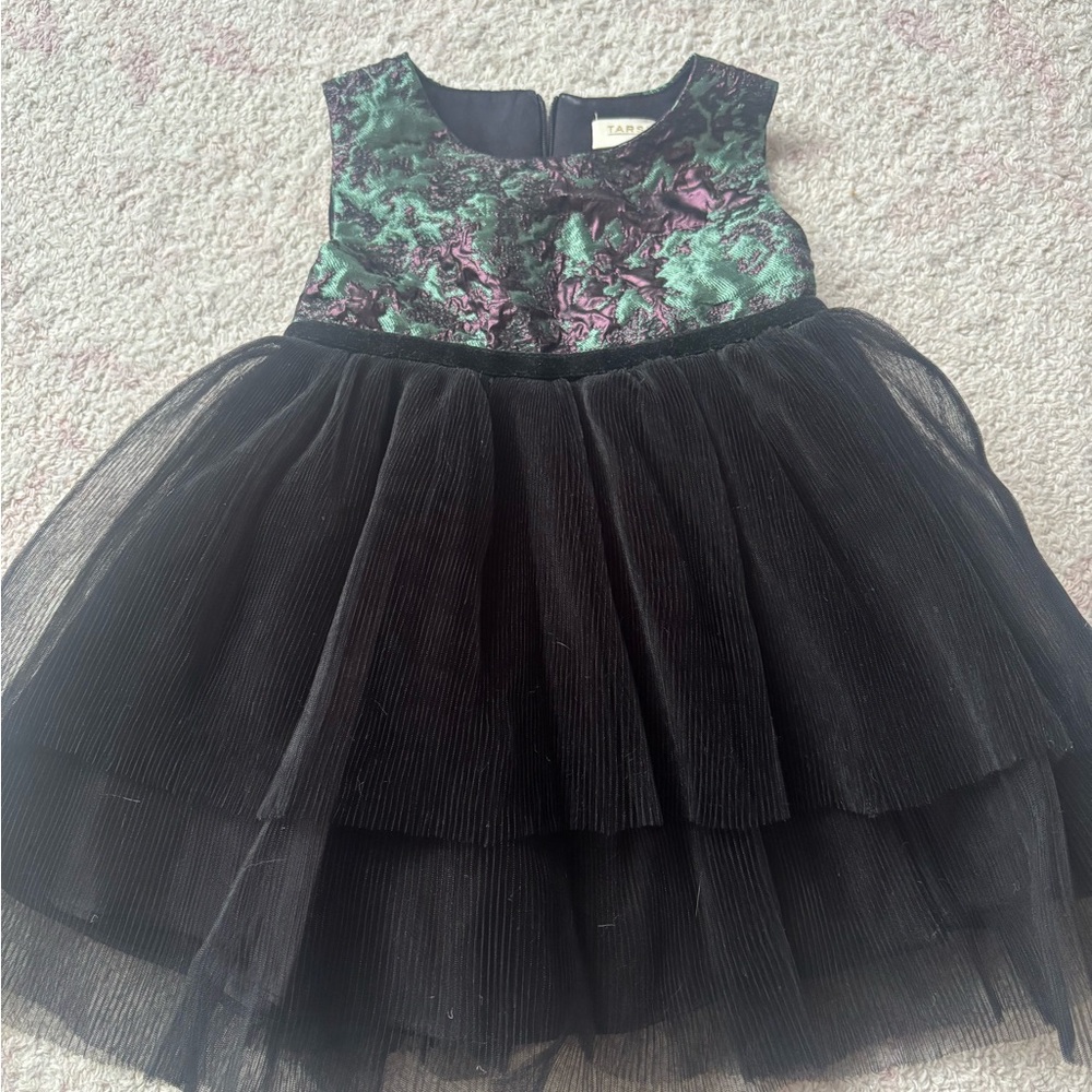 Tahari Girls Black Tulle Dress with Green and Purple Brocade Bodice